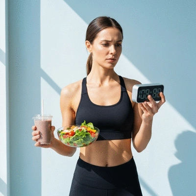 Person looking at a clock while holding a healthy meal, representing intermittent fasting