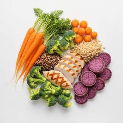 Overhead shot of a healthy meal prep with various vegetables, lean protein, and whole grains
