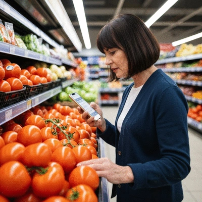 Person using a smartphone to find coupons while grocery shopping for healthy food