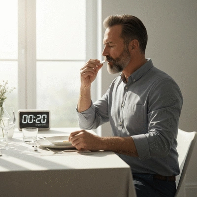 Person taking diabetes medication at a meal, with a clock in the background, clean image