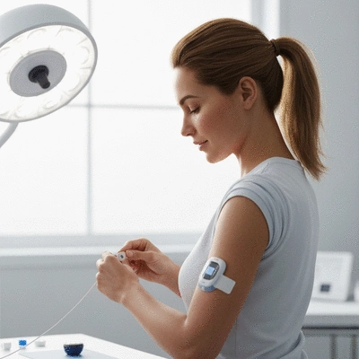 Person applying a Continuous Glucose Monitor (CGM) sensor to their arm