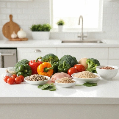 Assortment of fresh, affordable diabetes-friendly foods on a kitchen counter