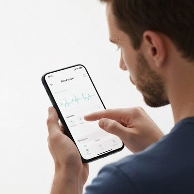 Person using a blood sugar tracking app on a smartphone, clean, modern interface