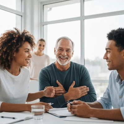 Diverse group of people participating in a support group meeting, smiling and engaged
