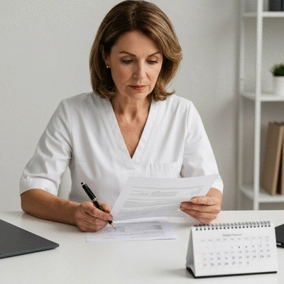 Person looking at financial documents and a calendar, representing cost-benefit analysis and long-term planning for health management