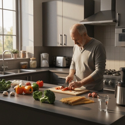Person preparing a healthy meal in a modern kitchen, organized and clean