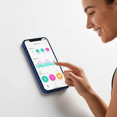 User interacting with a modern diabetes management app on a smartphone, showing data visualization and tracking features, clean interface