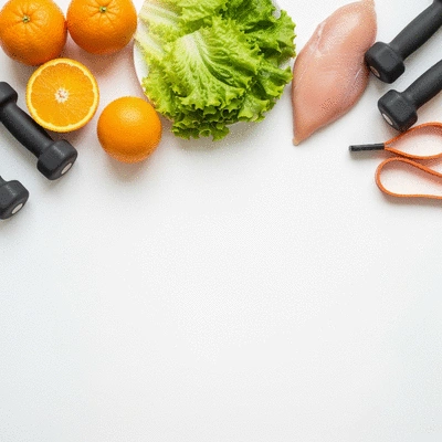 Variety of healthy foods and exercise equipment, representing lifestyle changes for diabetes management, bright and clean