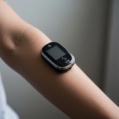 Continuous Glucose Monitoring (CGM) device on a person's arm, discreet and modern