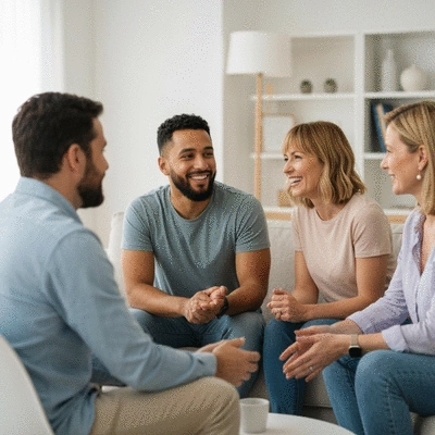 Diverse group of people in a supportive setting, representing a diabetes support group, clean, modern environment