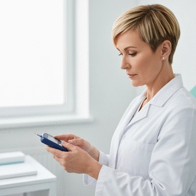 Person using a blood glucose monitor with a worried expression, illustrating the impact of stress on blood sugar levels