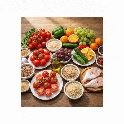 A vibrant spread of Mediterranean diet foods including fresh vegetables, fruits, whole grains, olive oil, and fish, set on a rustic wooden table