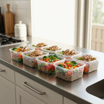 Healthy meal prep containers with balanced food