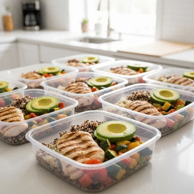 Healthy meal prep containers with balanced portions of protein, fats, and carbs