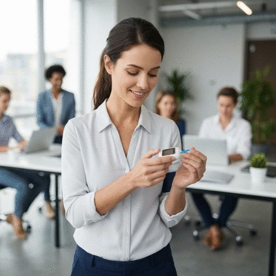 Woman checking blood sugar with a continuous glucose monitor in a work environment