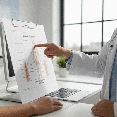Close-up of a doctor's hand pointing at a medical chart showing connections between diabetes and autoimmune conditions, with a patient's hand visible in the foreground, clean image, no text, no words, no typography, 8K