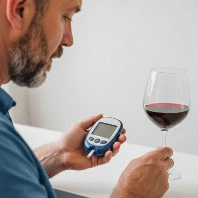 Person monitoring blood sugar levels after consuming a moderate amount of alcohol, with a focus on a glucometer and a glass of wine, clean image