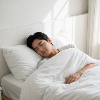 Person sleeping peacefully in a bed, serene bedroom environment, no text, no words, no typography, clean image