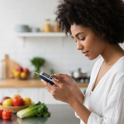Close-up of a person checking their blood sugar level with a glucometer, with a blurred background of a healthy kitchen setting, no text, no words, no typography, 8K