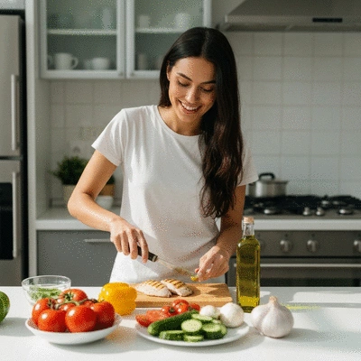 A person preparing a healthy Mediterranean meal, featuring fresh vegetables, olive oil, and lean protein, in a clean kitchen setting