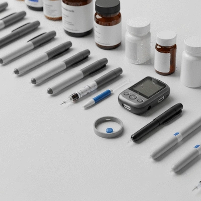 Assortment of diabetes management tools including insulin pens, a CGM device, and medication bottles on a clean white surface, no text, no words, no typography, 8K