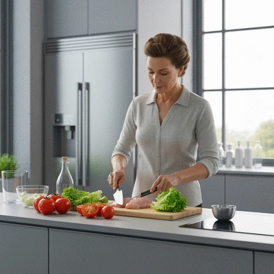 Person preparing a healthy meal with fresh vegetables and lean protein