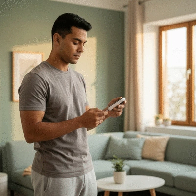 Person using a blood glucose monitor, showing a healthy reading