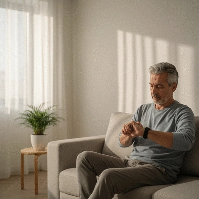 Person checking a smart watch on their wrist in a modern living room, representing circadian rhythm and consistent sleep schedule, no text, no words, no typography, clean image