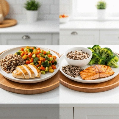 Two different healthy meal plates side by side, one representing intermittent fasting and the other traditional dieting