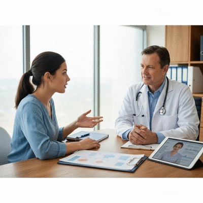Patient and doctor engaged in an open discussion about health, with medical charts and a tablet visible, emphasizing communication and shared decision-making, clean image, no text, no words, no typography, 8K