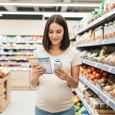 Pregnant woman looking at nutrition labels in a grocery store, making healthy choices
