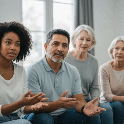 Diverse group of people in a support group setting, actively listening and engaging