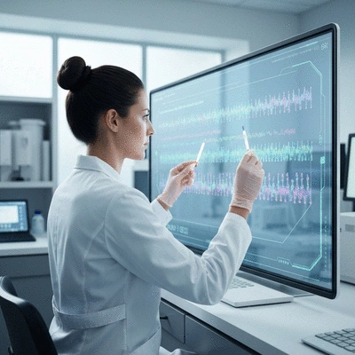 Geneticist analyzing DNA sequence on a screen, representing genetic testing for MODY