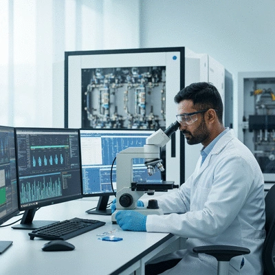 Scientist working in a modern genetics lab, with advanced sequencing equipment and glowing screens, symbolizing research and innovation