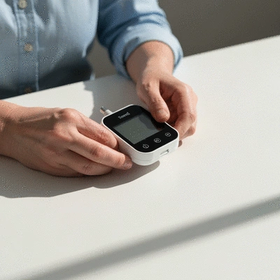 Person monitoring blood sugar levels with a modern device, clean home setting, representing diabetes management