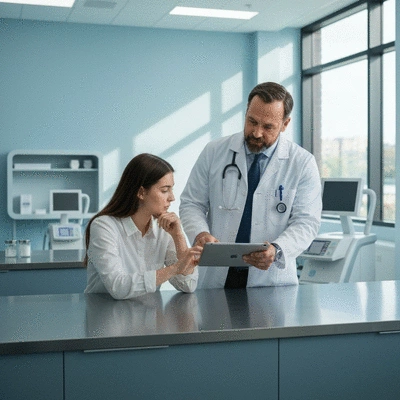 Healthcare provider explaining medication timing to a patient, clean image