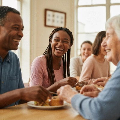 Diverse group of people supporting each other, smiling and engaged in conversation