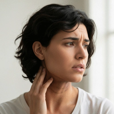 Person looking concerned about health, touching neck where darkened skin may appear, in a thoughtful pose
